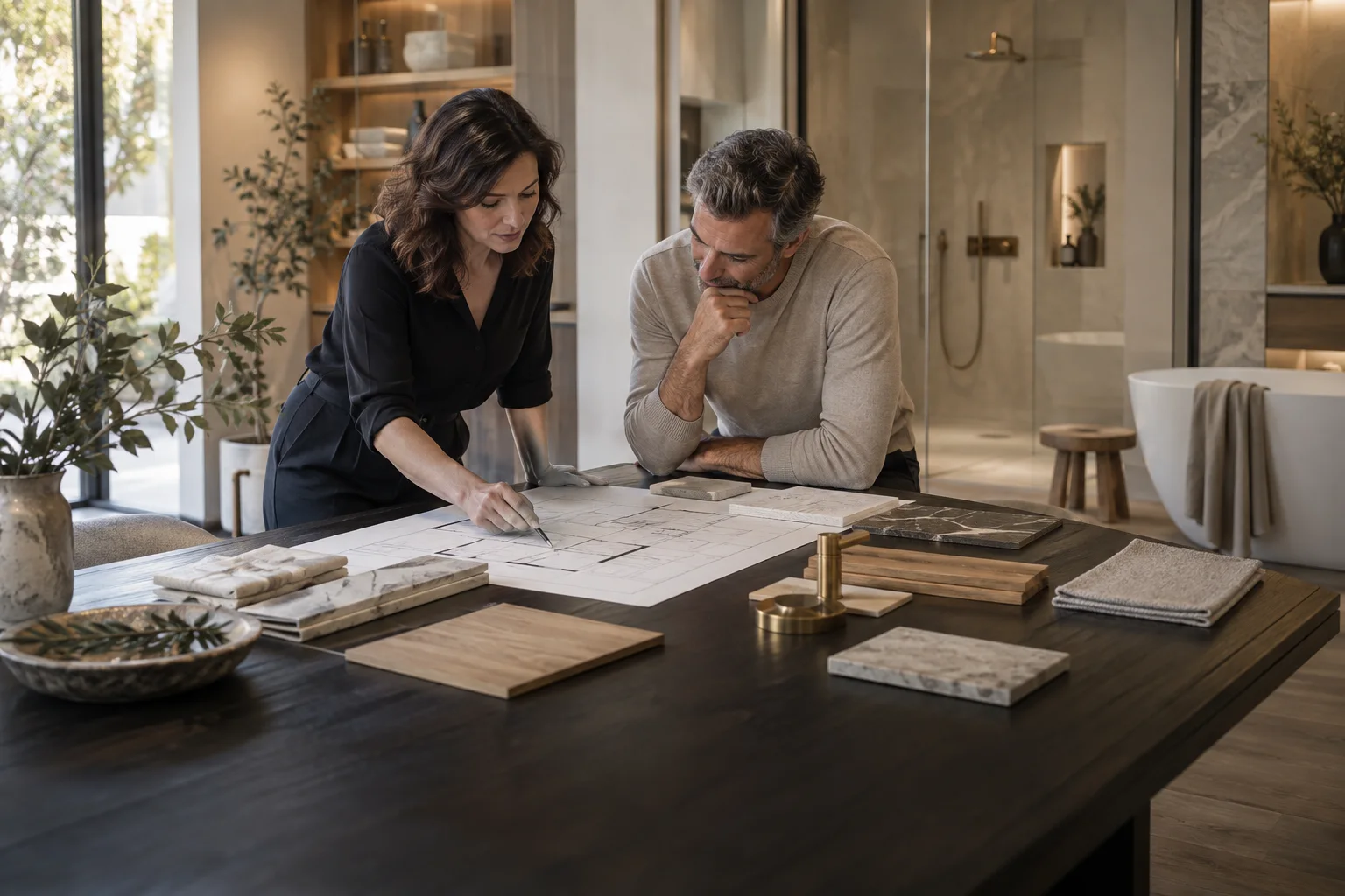 Bathroom designer and homeowner reviewing plans and material samples