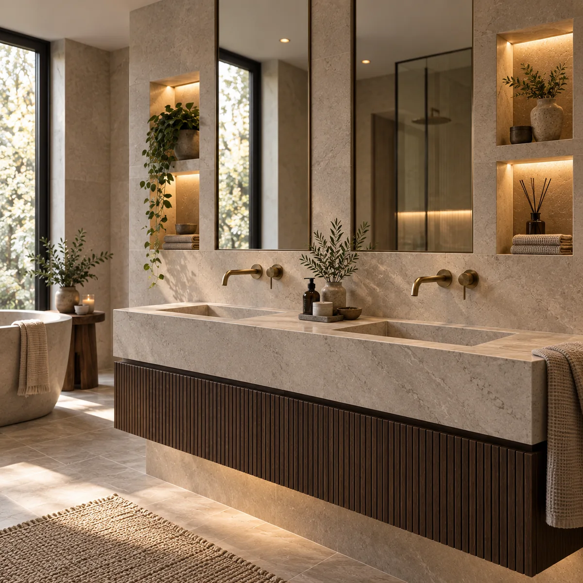 Warm stone double vanity with brass taps and illuminated niches